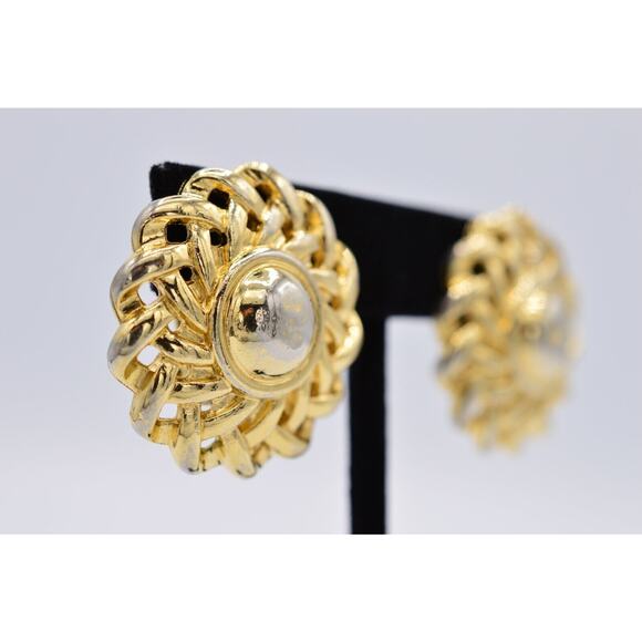 Givenchy Vintage Clip On Earrings Chunky Gold Flower Weaved Signed Runway BinAG - Picture 4 of 12
